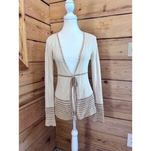Tristan & Iseut Ribbed Crochet Trim Tie Front Cardigan Cream Tan Small S3426